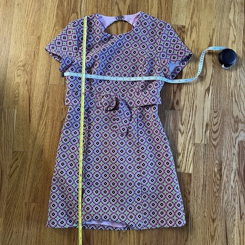 Zara Retro Print Open Back Mini Dress Pink Size Med preppy 70s mod belted barbie - Picture 11 of 16